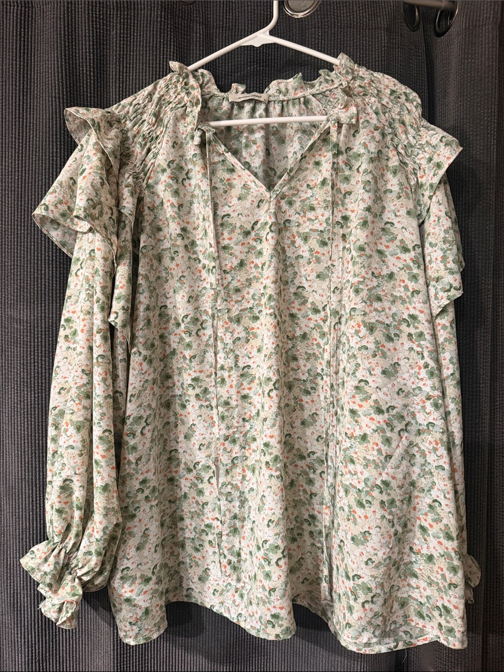 American Living Floral Ruffle Tie-Neck Blouse - Green Cream